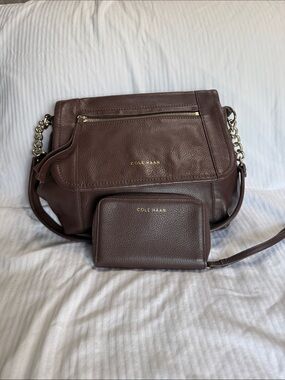 Cole Haan Dark Brown Pebbled Leather Shoulder Bag with Wallet